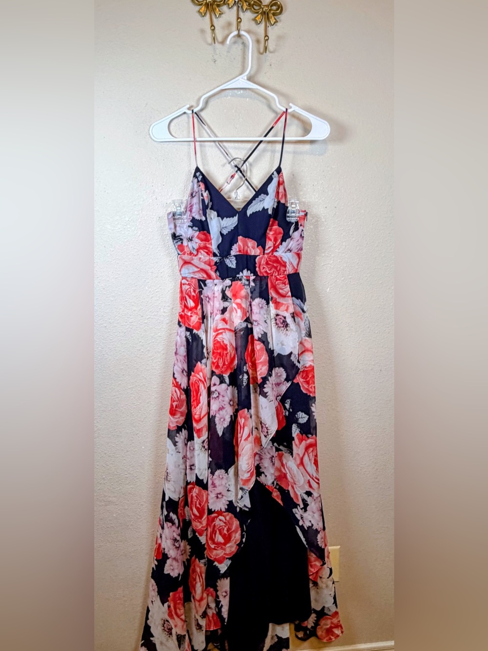 Sequin Hearts Navy Floral Asymmetrical Maxi Dress with Pink and Red Roses
